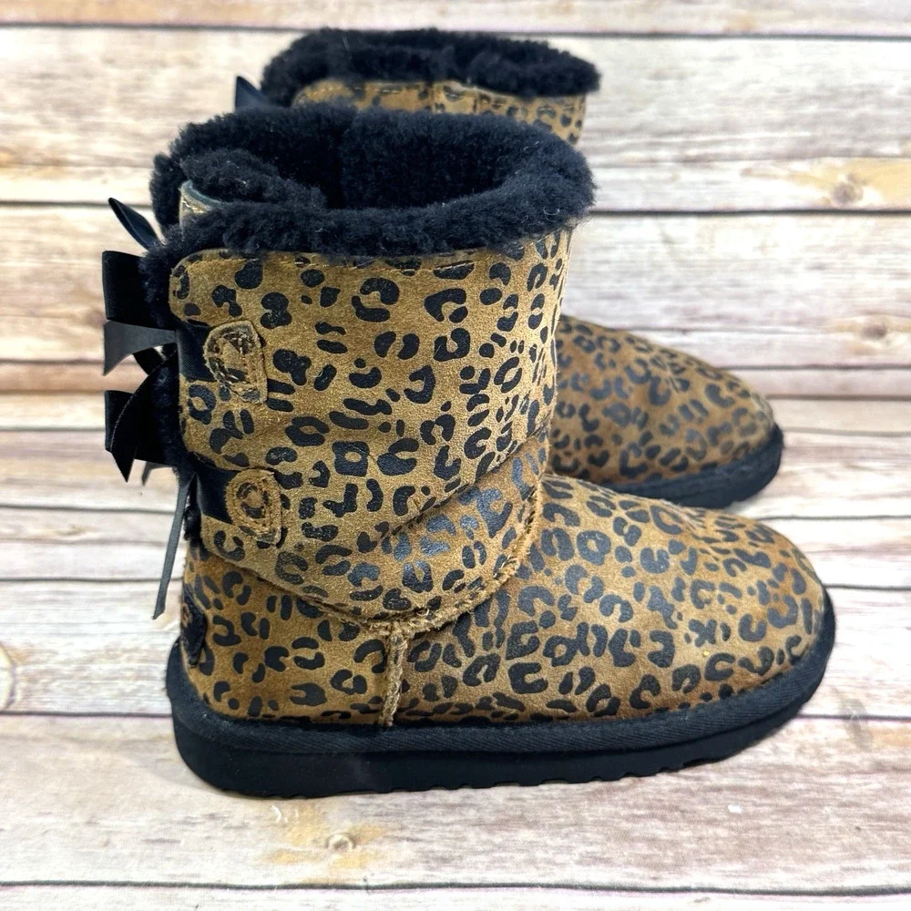 Ugg Girls Brown Black Leopard Print Bailey Bow Boots Size 13